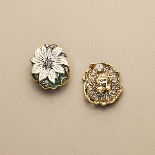 Dark Leaf & White Bloom · Enamel Crystal Earrings