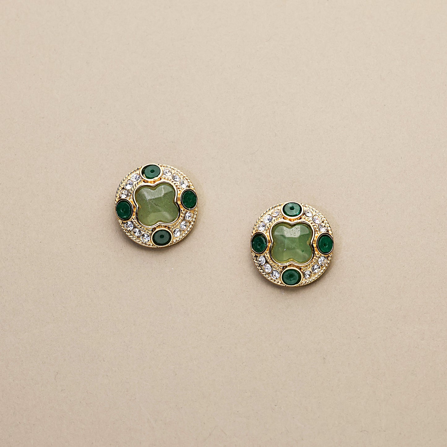 Lucky Clover · Jade & Crystal Button Earrings