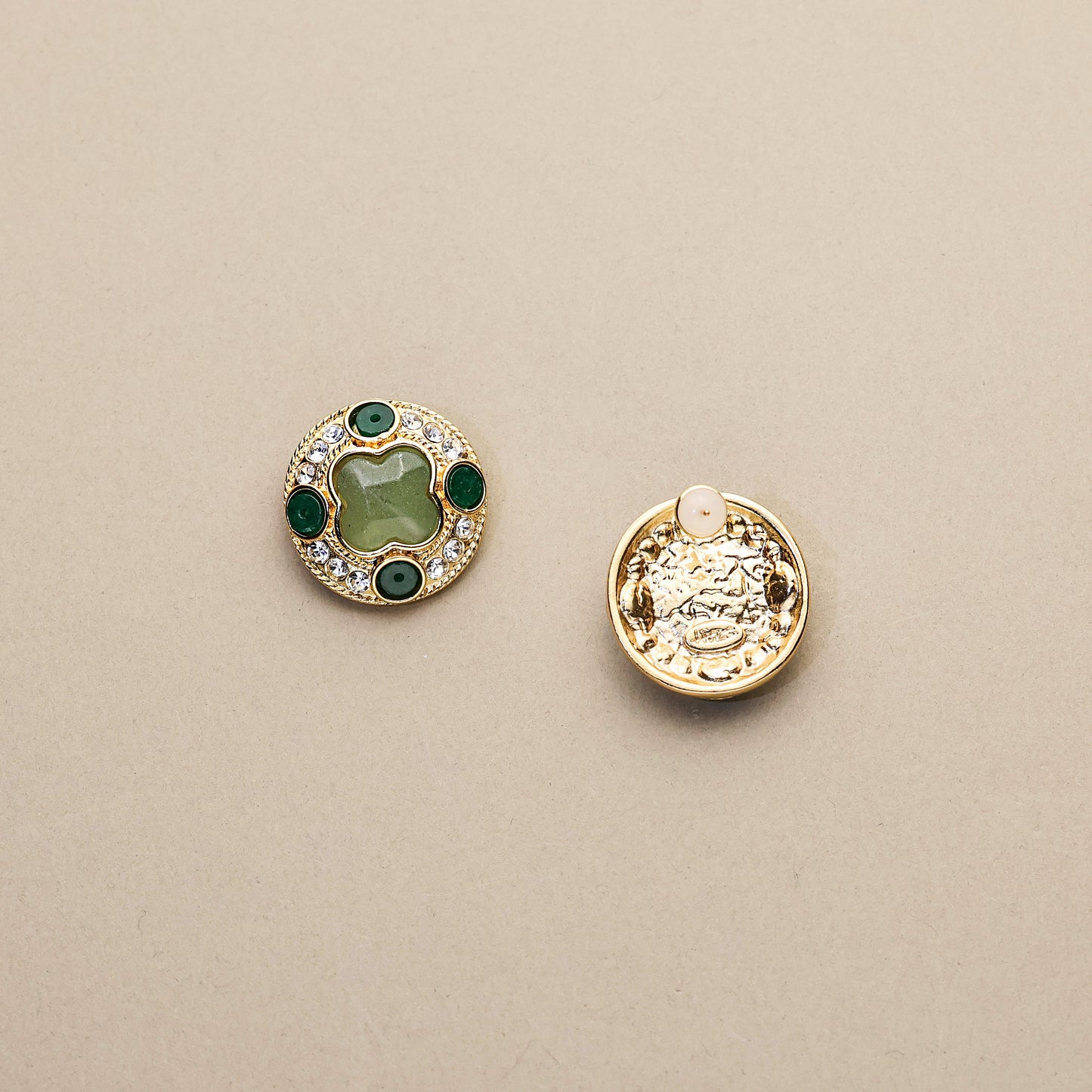 Lucky Clover · Jade & Crystal Button Earrings