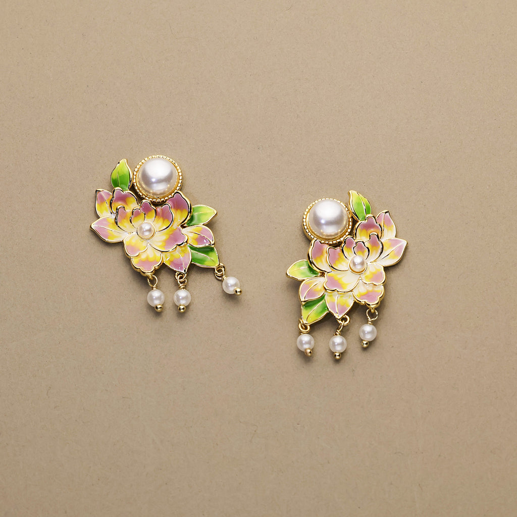 Peony Glow · Gradient Enamel & Pearl Tassel Earrings