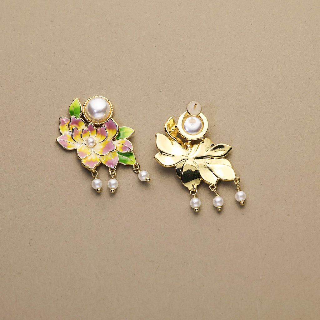 Peony Glow · Gradient Enamel & Pearl Tassel Earrings