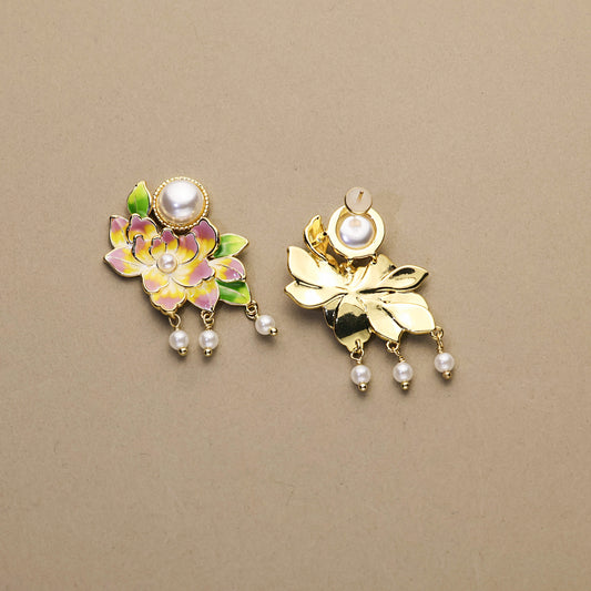 Peony Glow · Gradient Enamel & Pearl Tassel Earrings