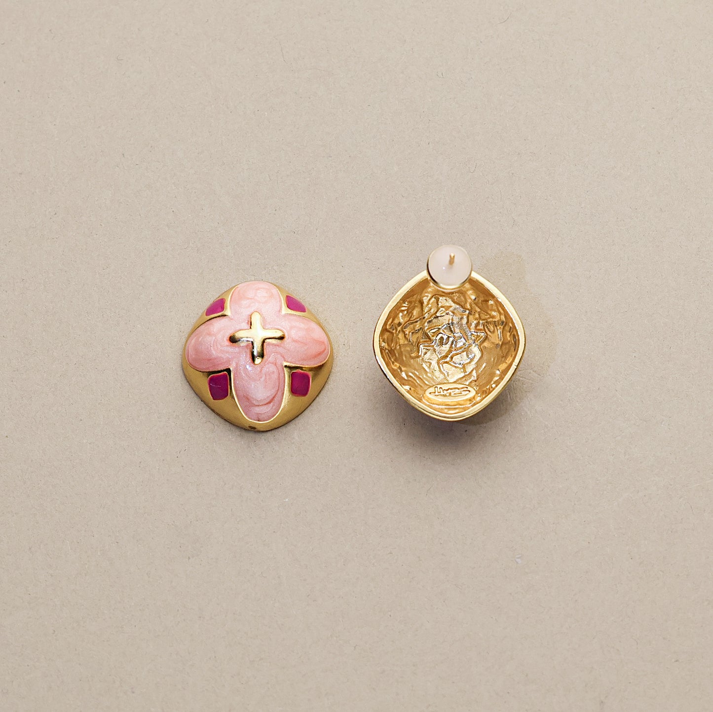 Pink Clover · Half-Round Button Earrings