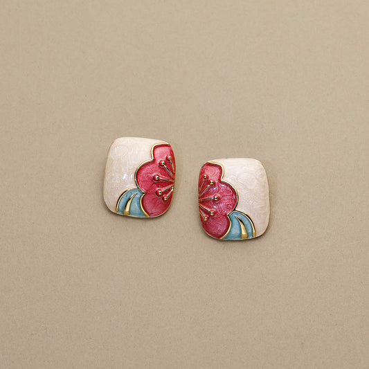 Half Bloom · White & Pink Enamel Earrings