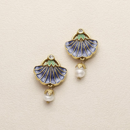 Blue Enamel Morning Glory Vintage Gold Earrings