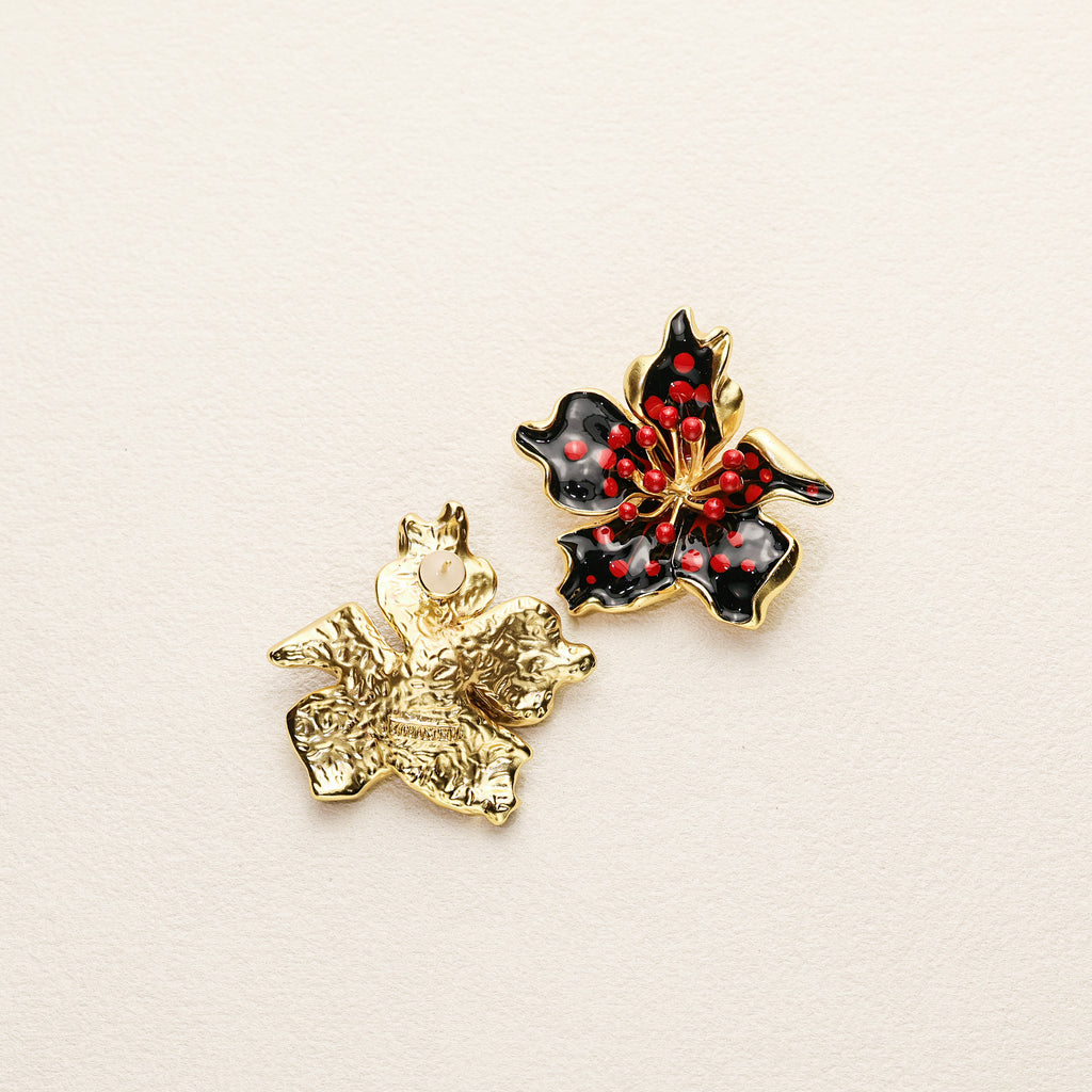 Black Enamel Plumeria Earrings