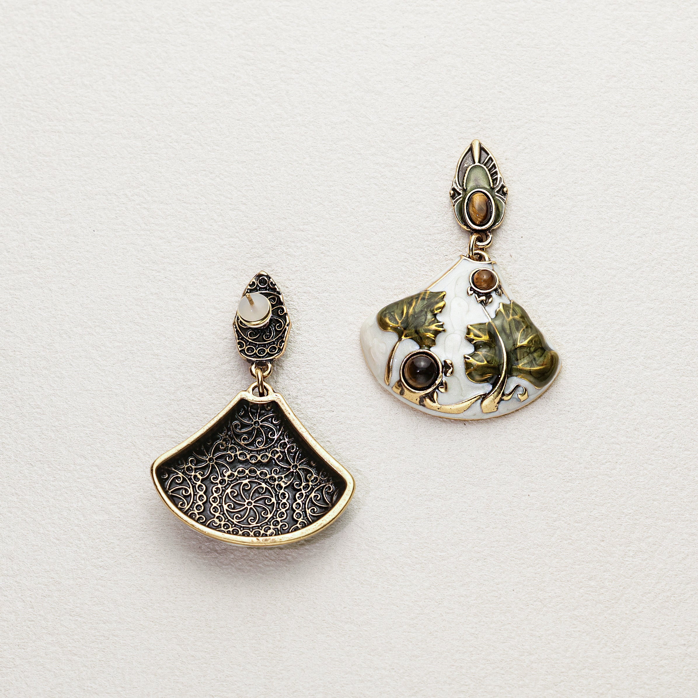 Art Nouveau Tiger's Eye Enamel Earrings