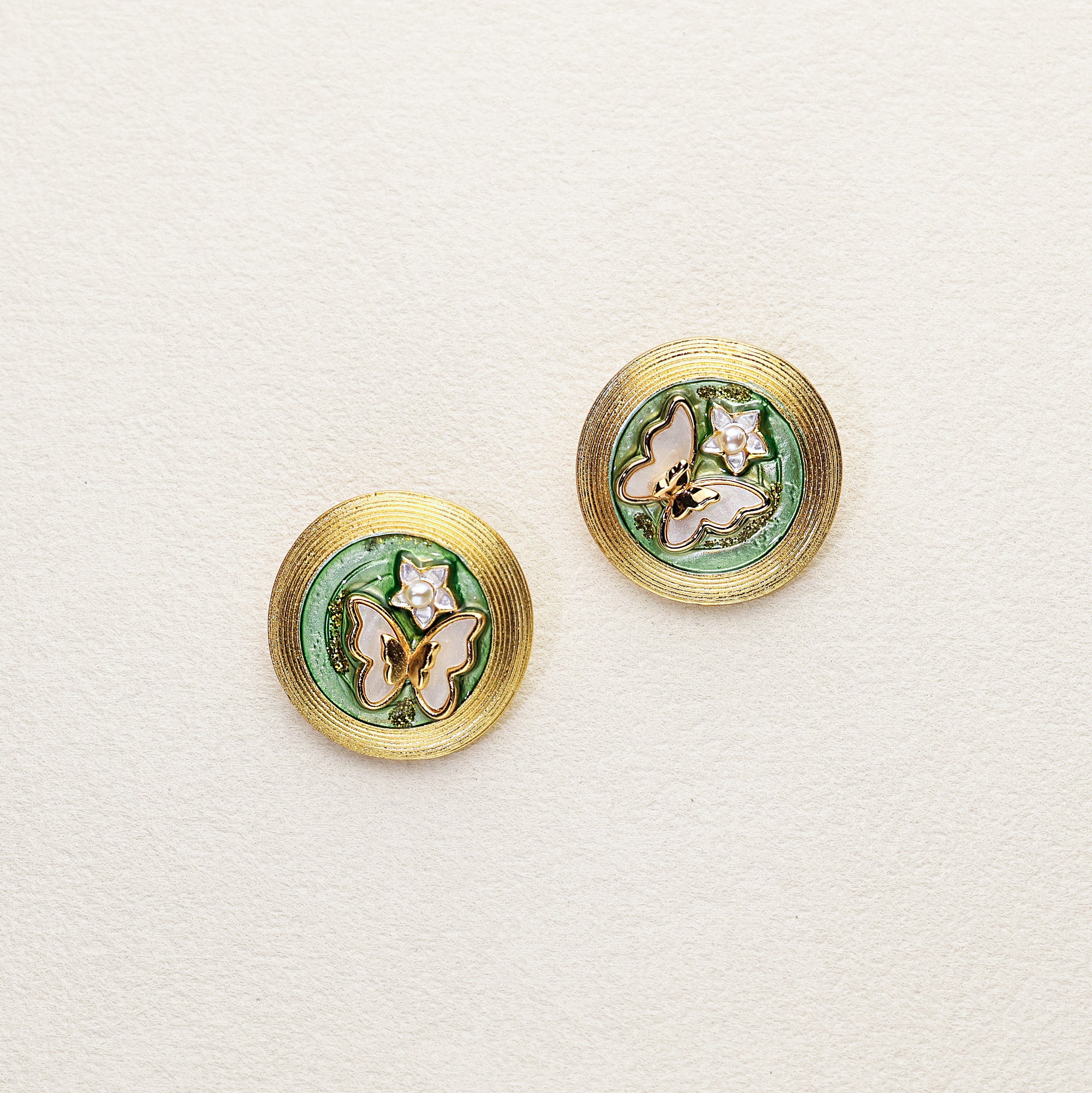 Green Garden · White Butterfly Enamel Earrings