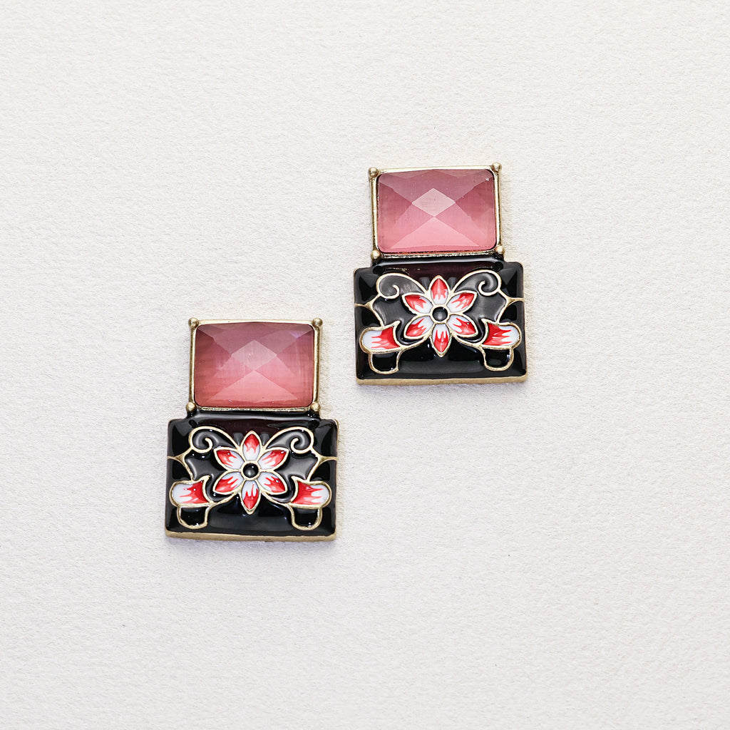 Pink Cat's Eye · Chinese Ink Earring Set
