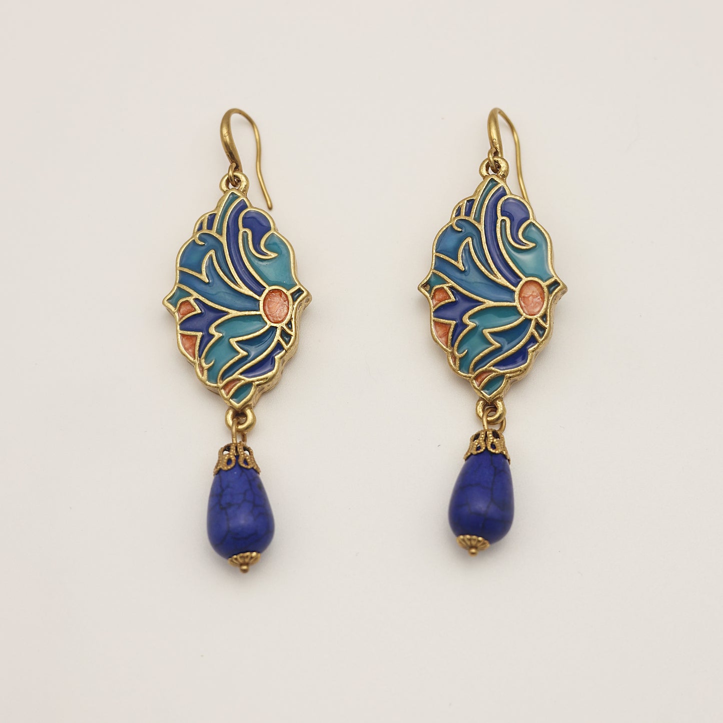 Blue Enamel & Turquoise Vintage Gold Earrings