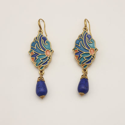 Blue Enamel & Turquoise Vintage Gold Earrings