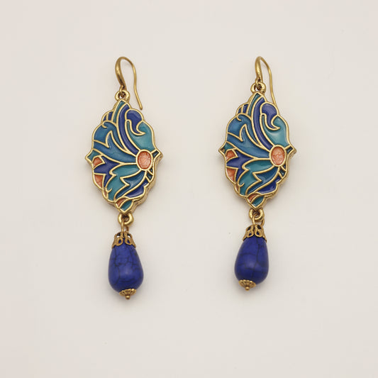 Blue Enamel & Turquoise Vintage Gold Earrings