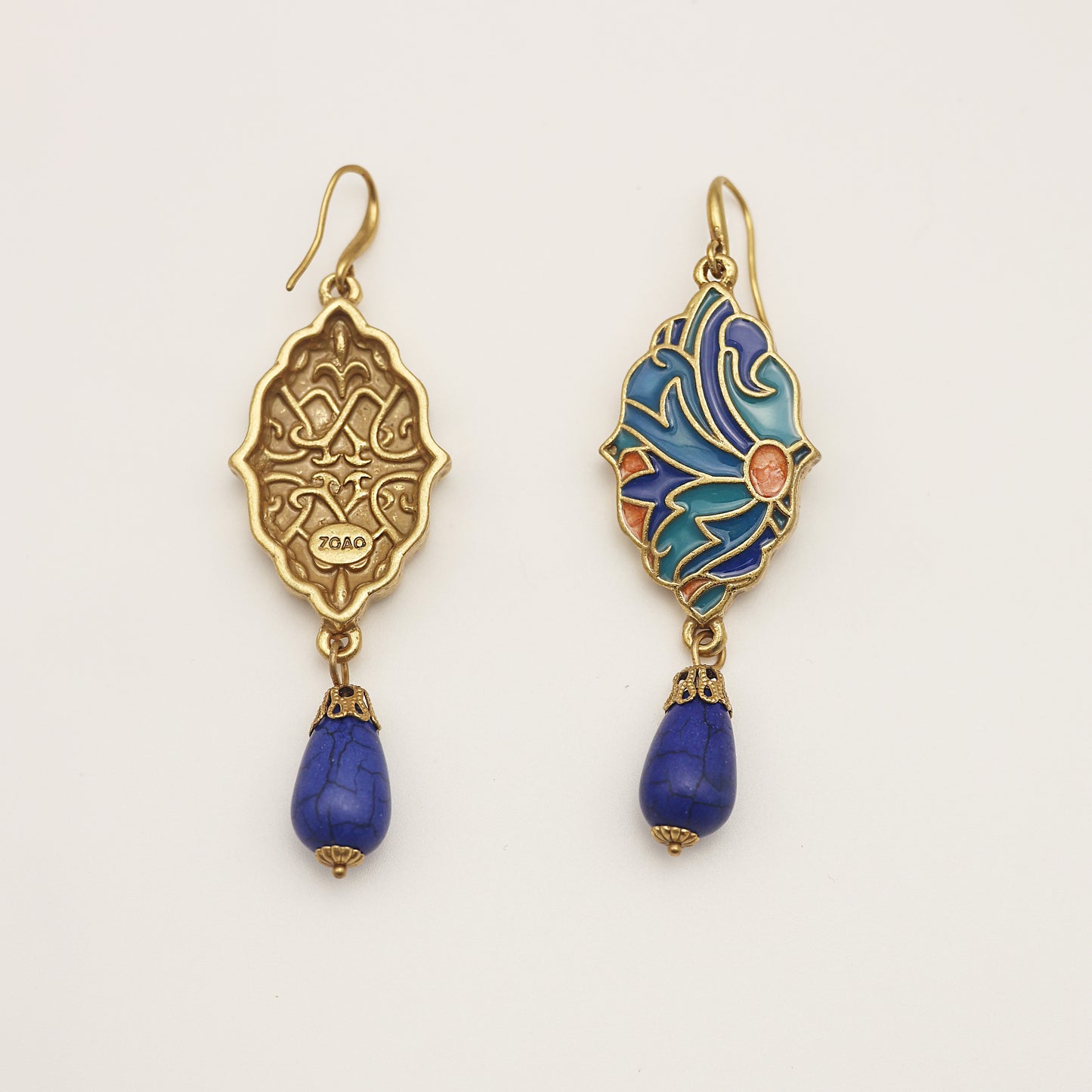 Blue Enamel & Turquoise Vintage Gold Earrings
