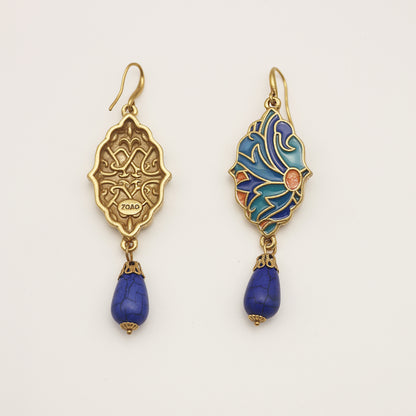Blue Enamel & Turquoise Vintage Gold Earrings