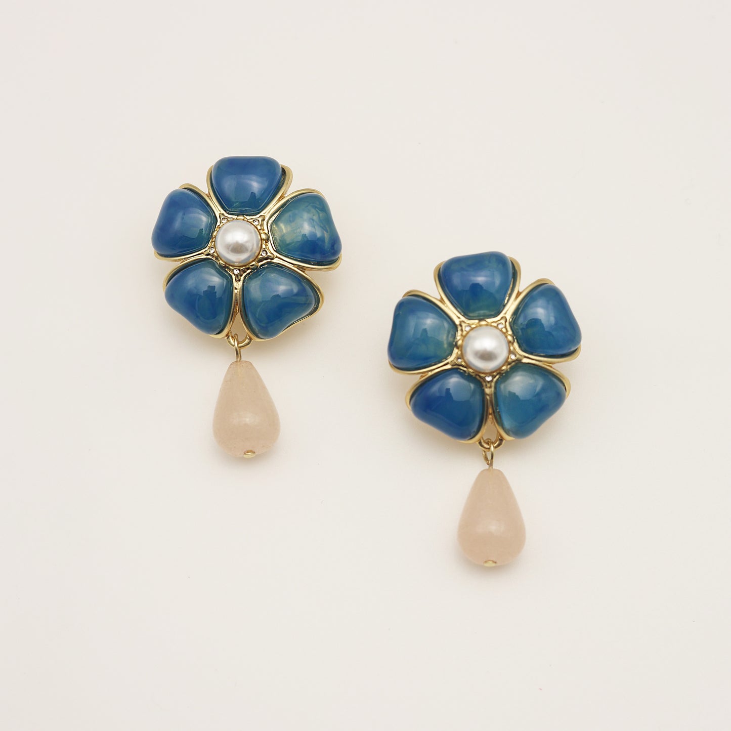 Five-Petal Opalescent Glass Flower & Rose Quartz Drop Vintage Gold Earrings