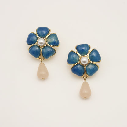 Five-Petal Opalescent Glass Flower & Rose Quartz Drop Vintage Gold Earrings