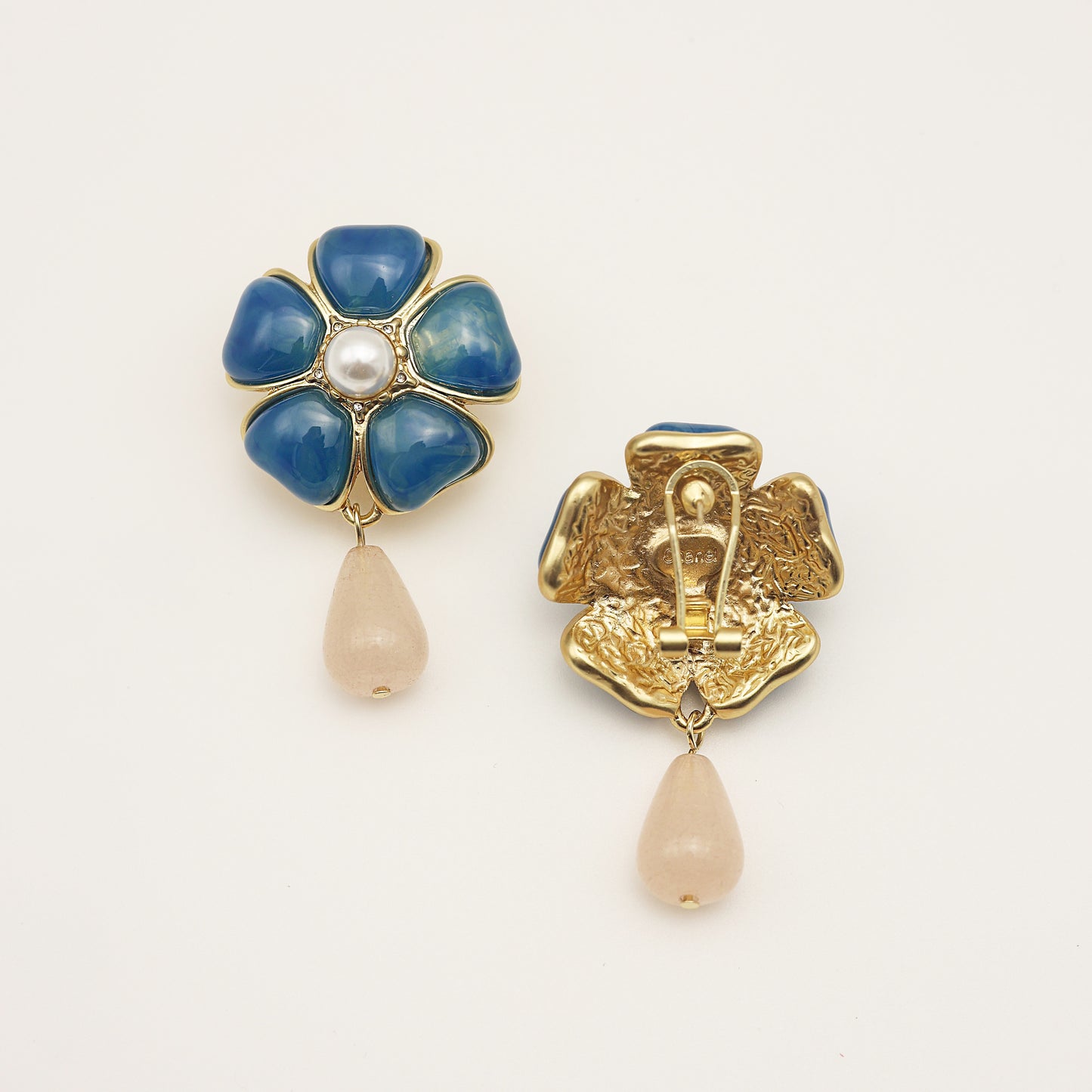 Five-Petal Opalescent Glass Flower & Rose Quartz Drop Vintage Gold Earrings