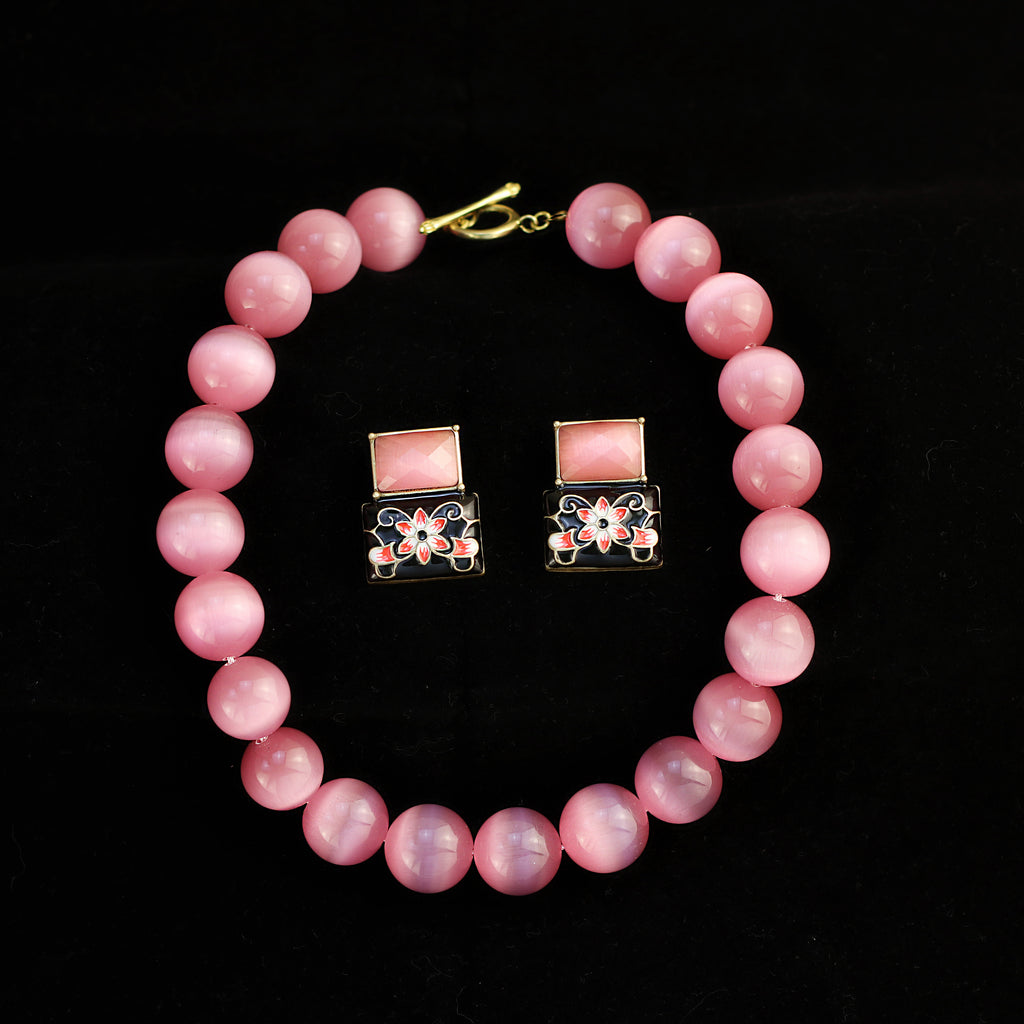 Pink Cat's Eye · Chinese Ink Earring Set