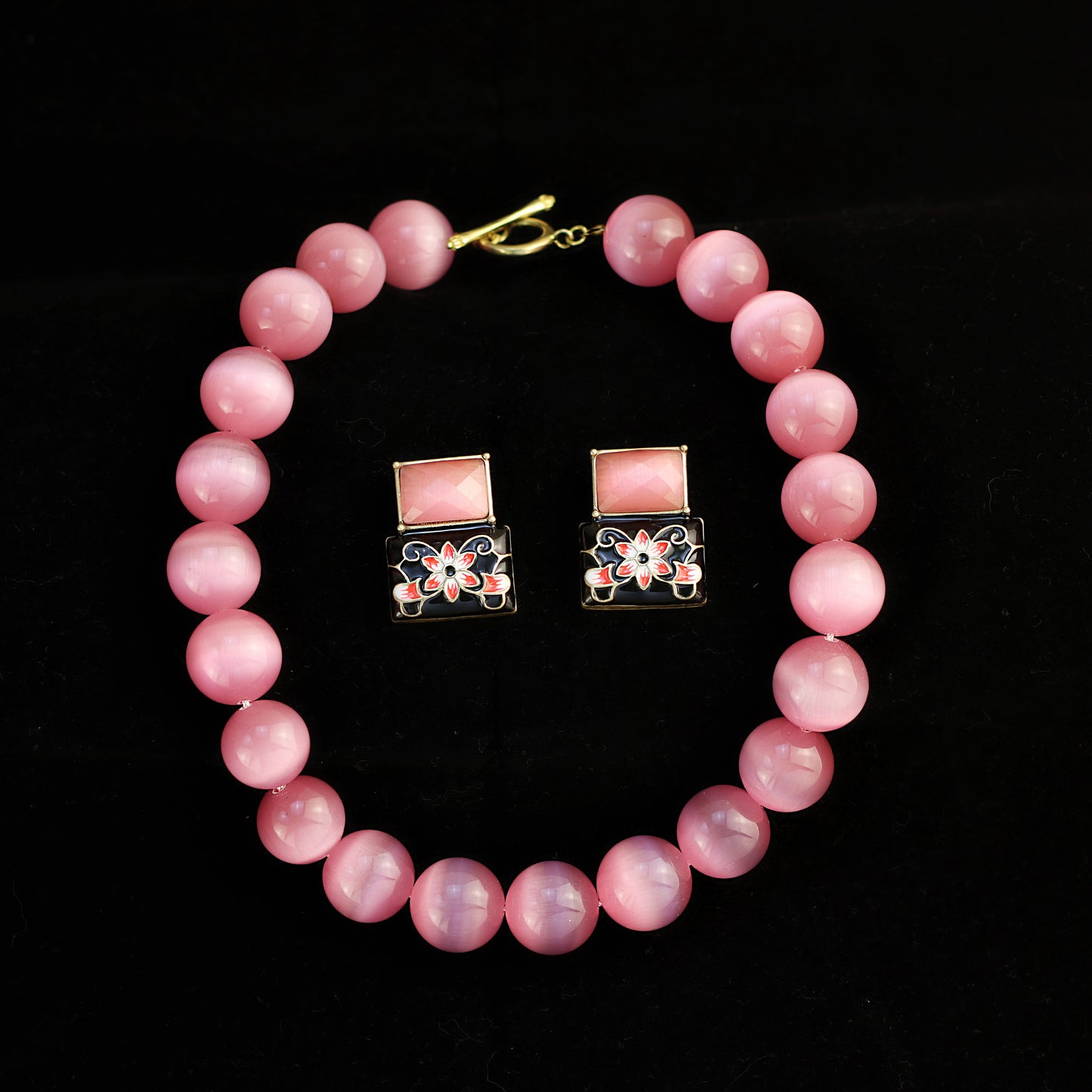 Pink Cat's Eye · Chinese Ink Earring Set
