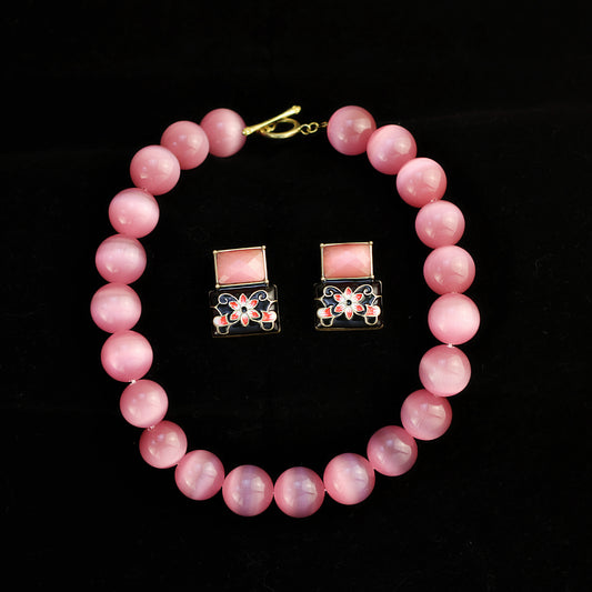 Pink Cat's Eye · Chinese Ink Earring Set