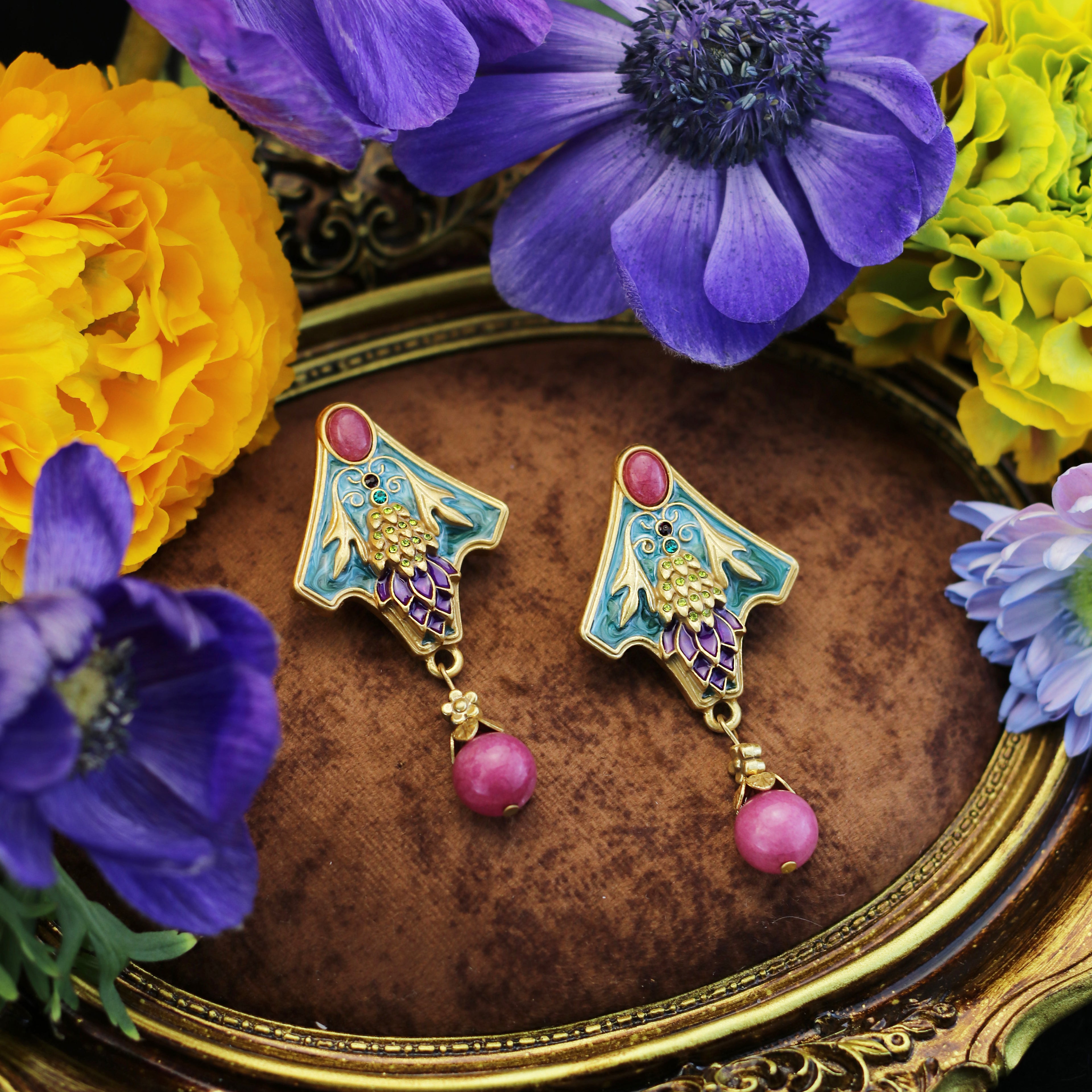 Art Nouveau Enamel Vine Earrings