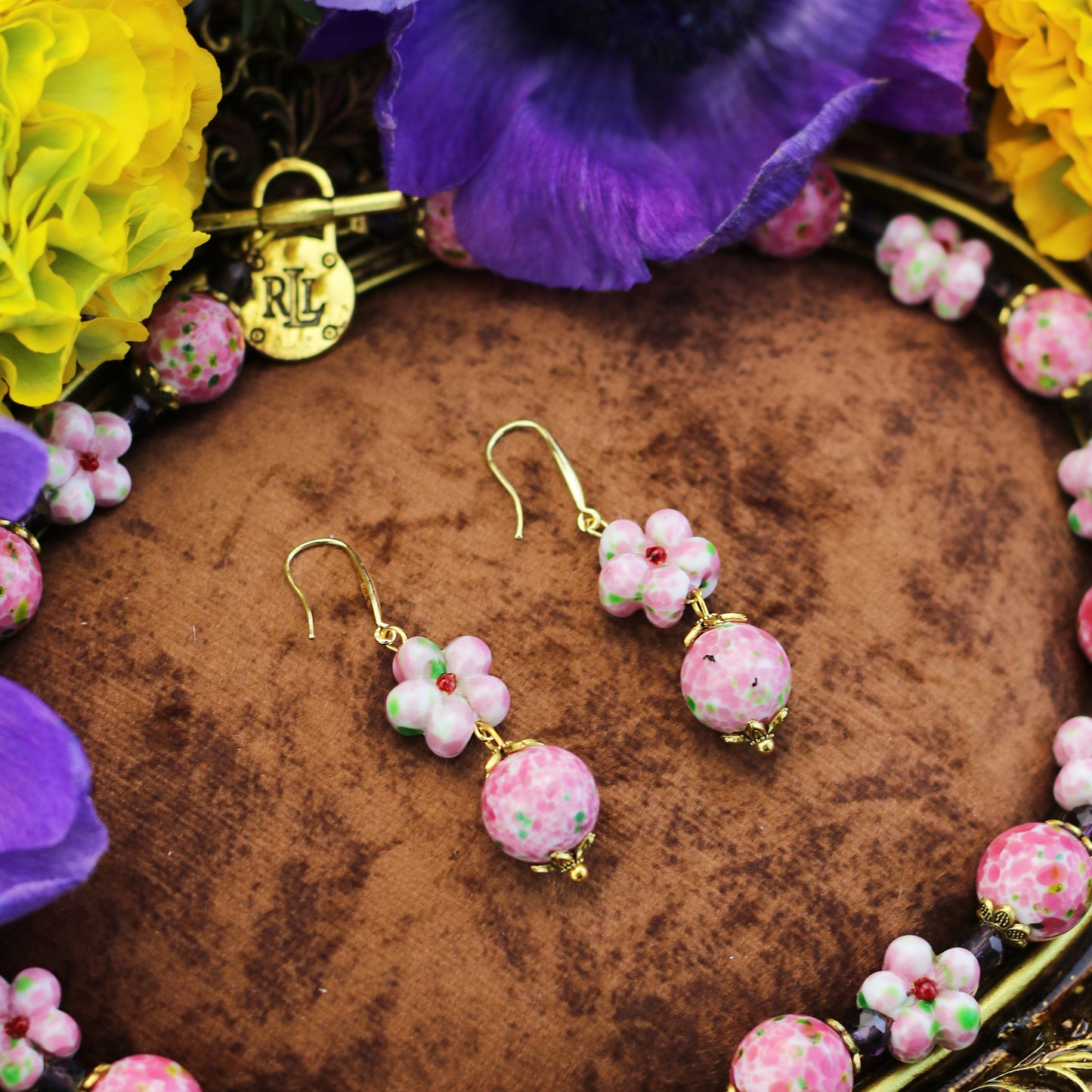 Vintage Pink Glass Peach Blossom Earrings
