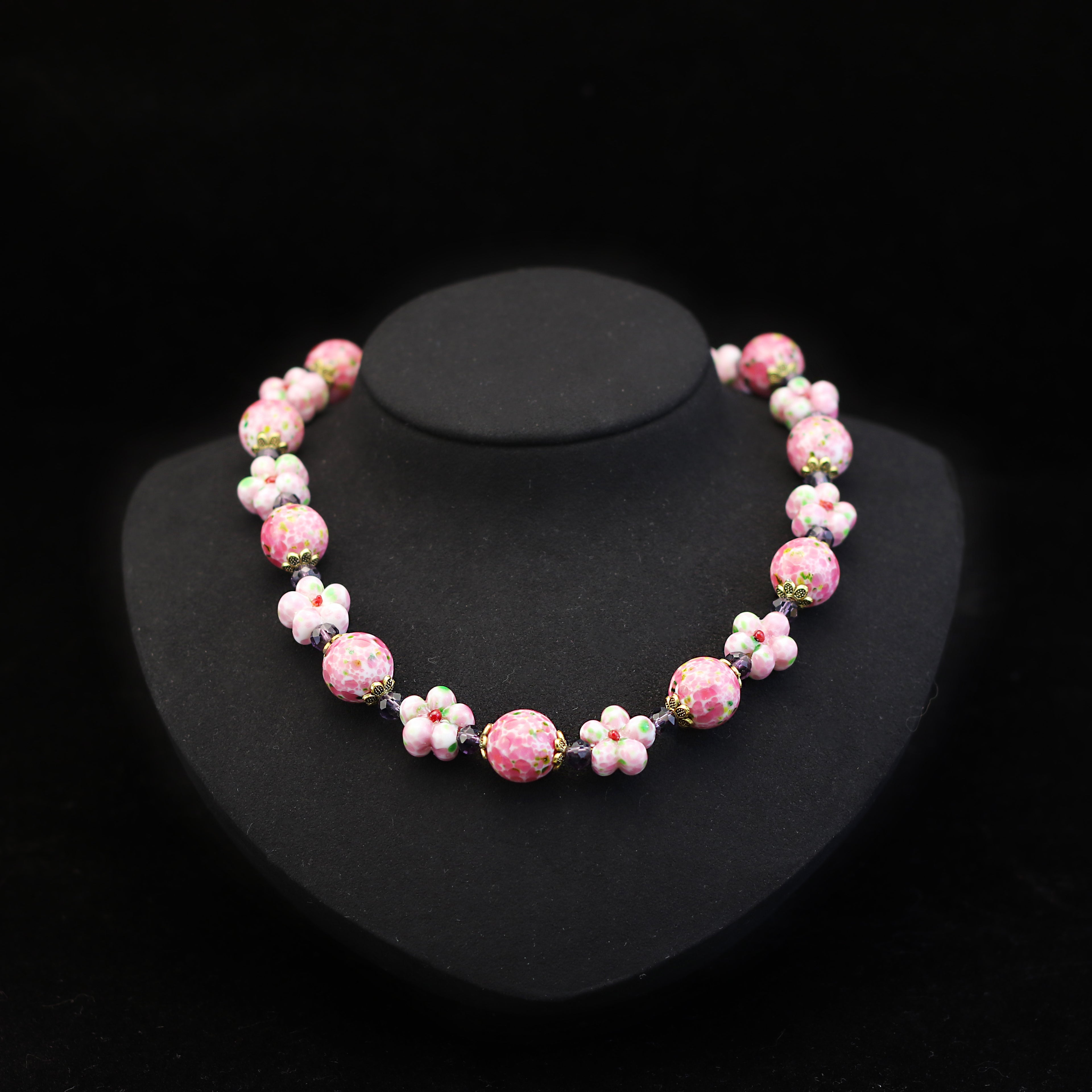 Peach Blossom · Pink Glass & Amethyst Spacer Necklace