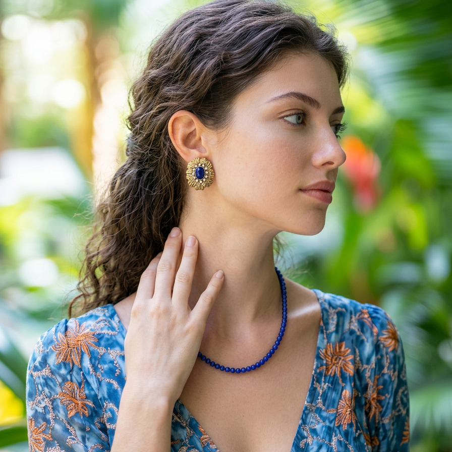 Sapphire Blue Glass Flower Earrings