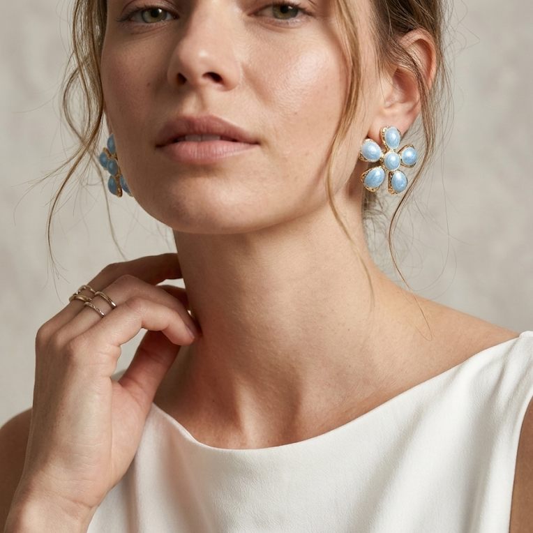 Blue Enamel Flower Earrings