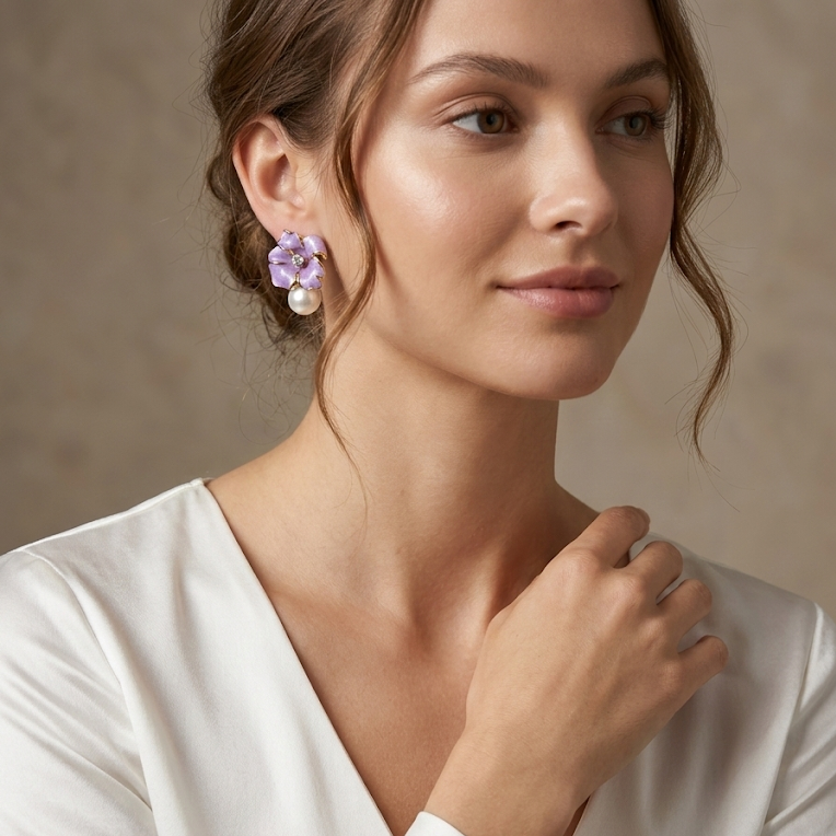 Purple Gardenia · Enamel & Pearl Earrings