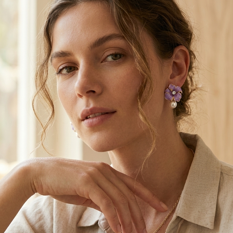 Purple Gardenia · Enamel & Pearl Earrings