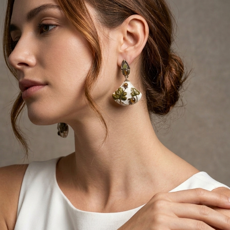 Art Nouveau Tiger's Eye Enamel Earrings