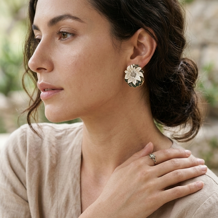 Dark Leaf & White Bloom · Enamel Crystal Earrings