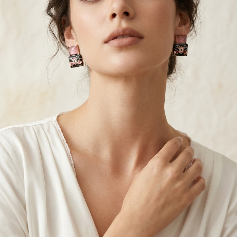 Pink Crystal Chinese Flower Earrings