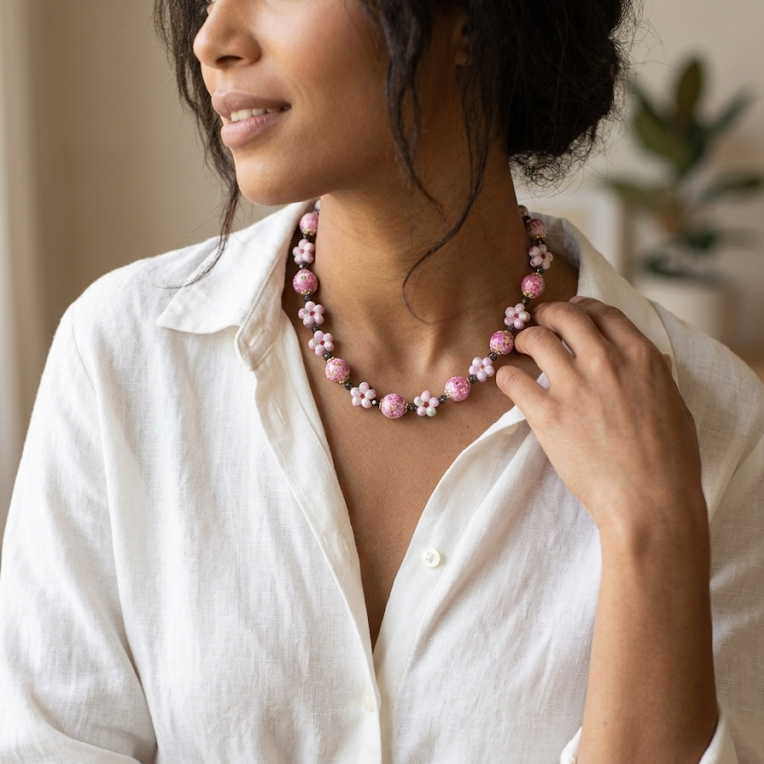 Peach Blossom · Pink Glass & Amethyst Spacer Necklace