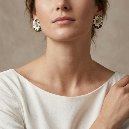 Dark Leaf & White Bloom · Enamel Crystal Earrings