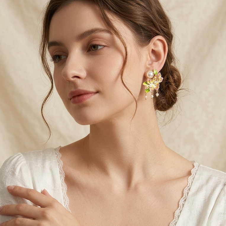 Peony Glow · Gradient Enamel & Pearl Tassel Earrings