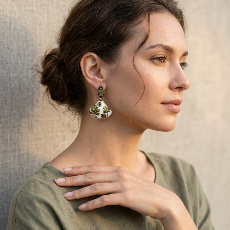 Art Nouveau Tiger's Eye Enamel Earrings