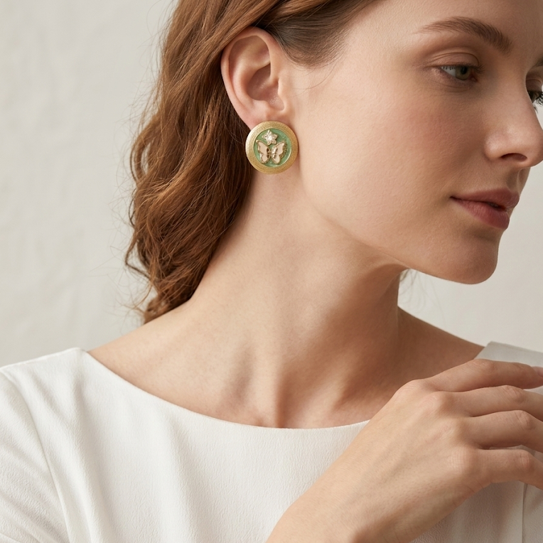 Green Garden · White Butterfly Enamel Earrings