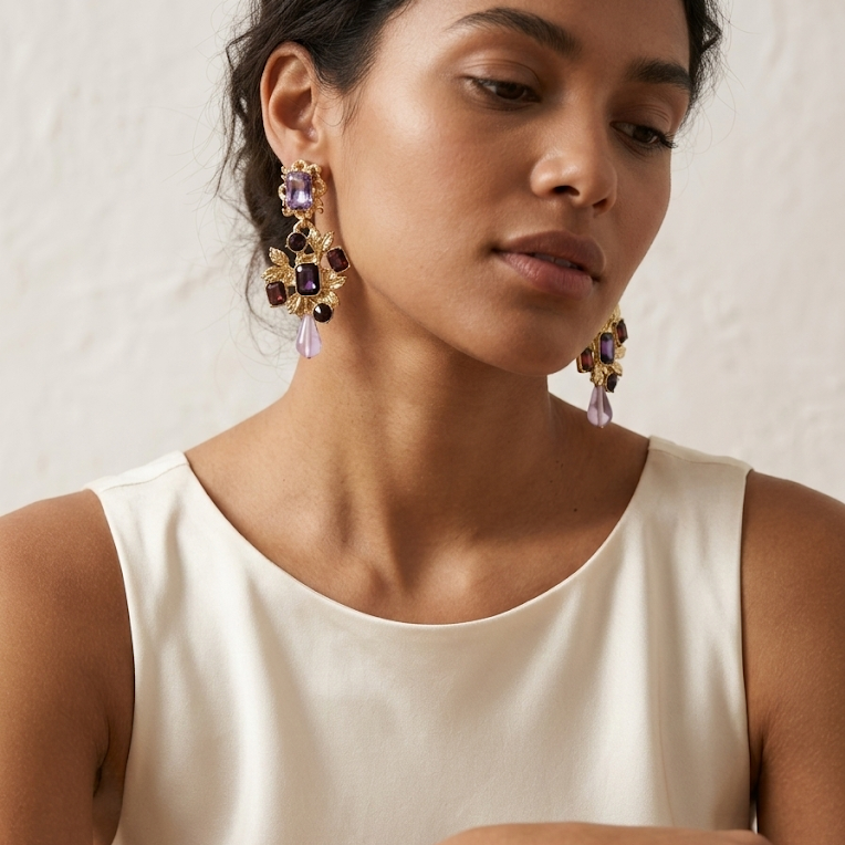 Purple Vine · Layered Crystal Drop Earrings