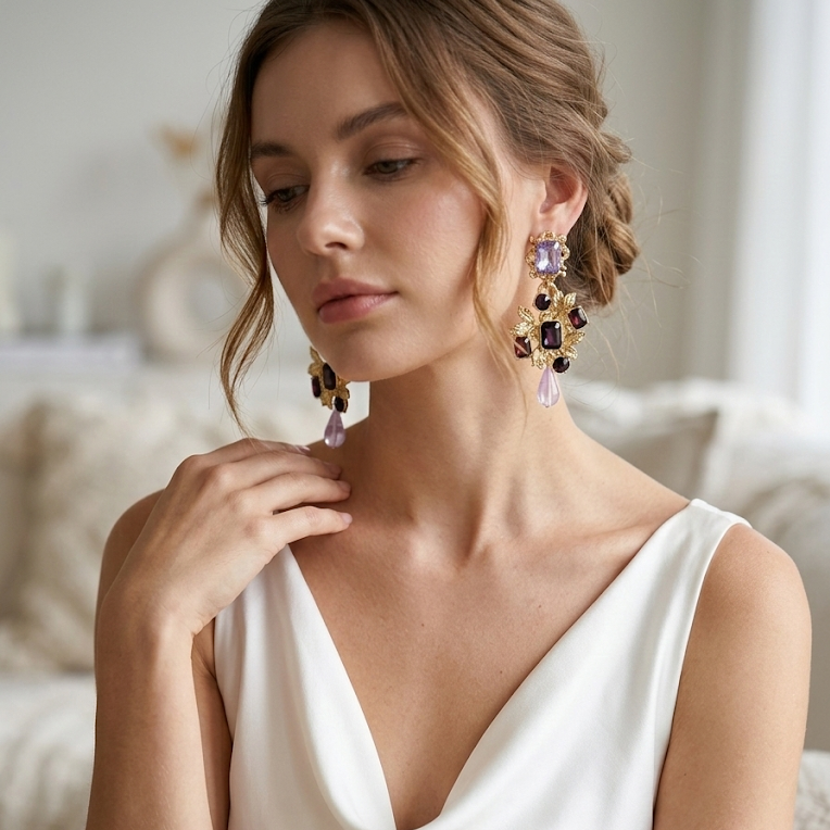 Purple Vine · Layered Crystal Drop Earrings