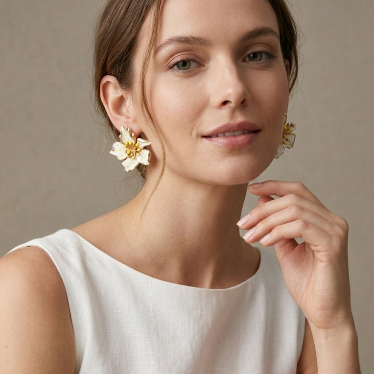 White Enamel Plumeria Earrings