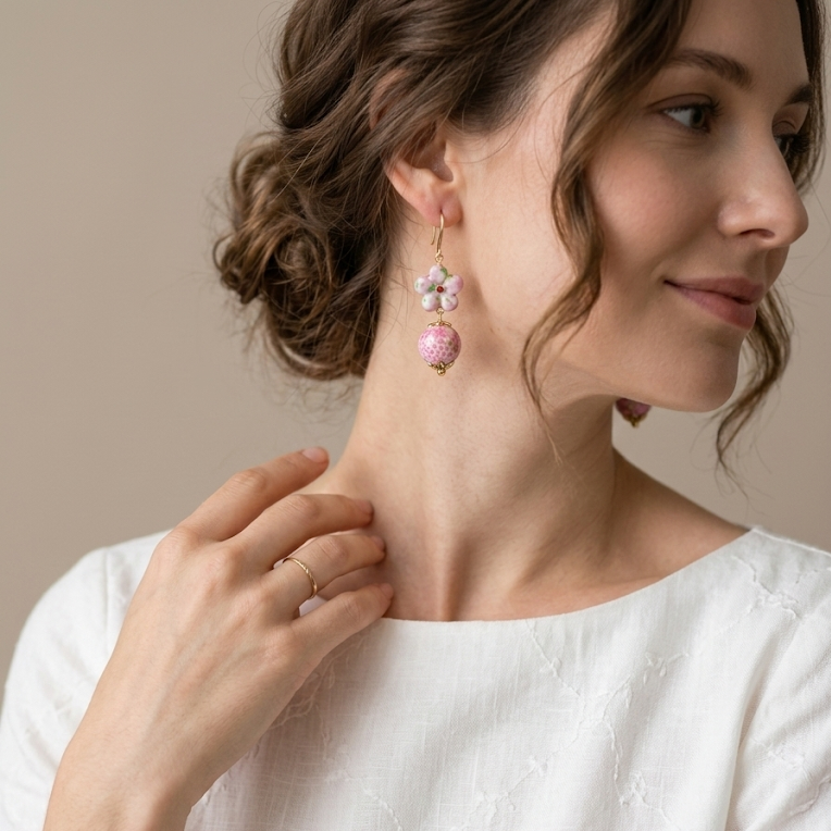 Vintage Pink Glass Peach Blossom Earrings