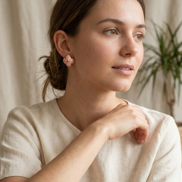 Pink Clover · Half-Round Button Earrings