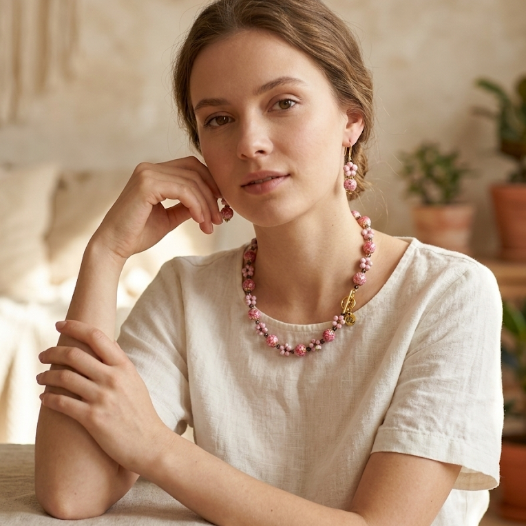 Peach Blossom · Pink Glass & Amethyst Spacer Necklace