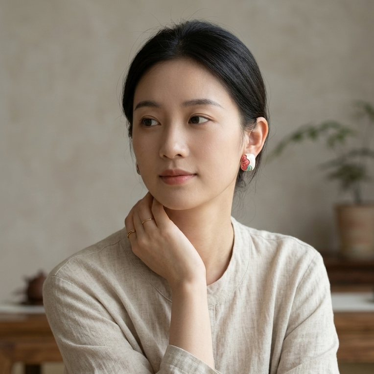 Half Bloom · White & Pink Enamel Earrings