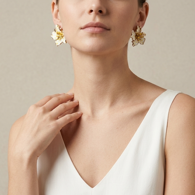 White Enamel Plumeria Earrings