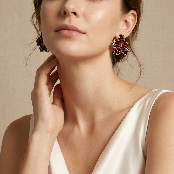 Black Enamel Plumeria Earrings