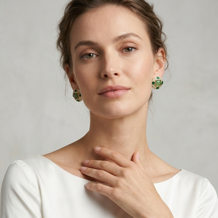 Lucky Clover · Jade & Crystal Button Earrings